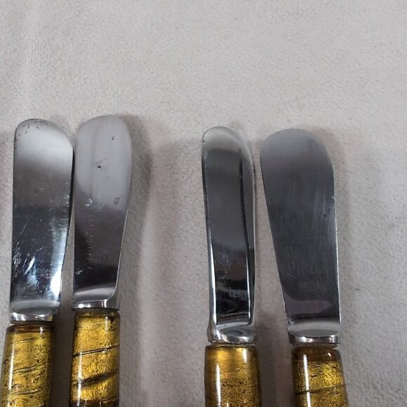 TAG 8 Set Glass Bead 4 Butter Knife 4 Pickle Fork Green Gold Silver Metal Spread - Picture 10 of 13